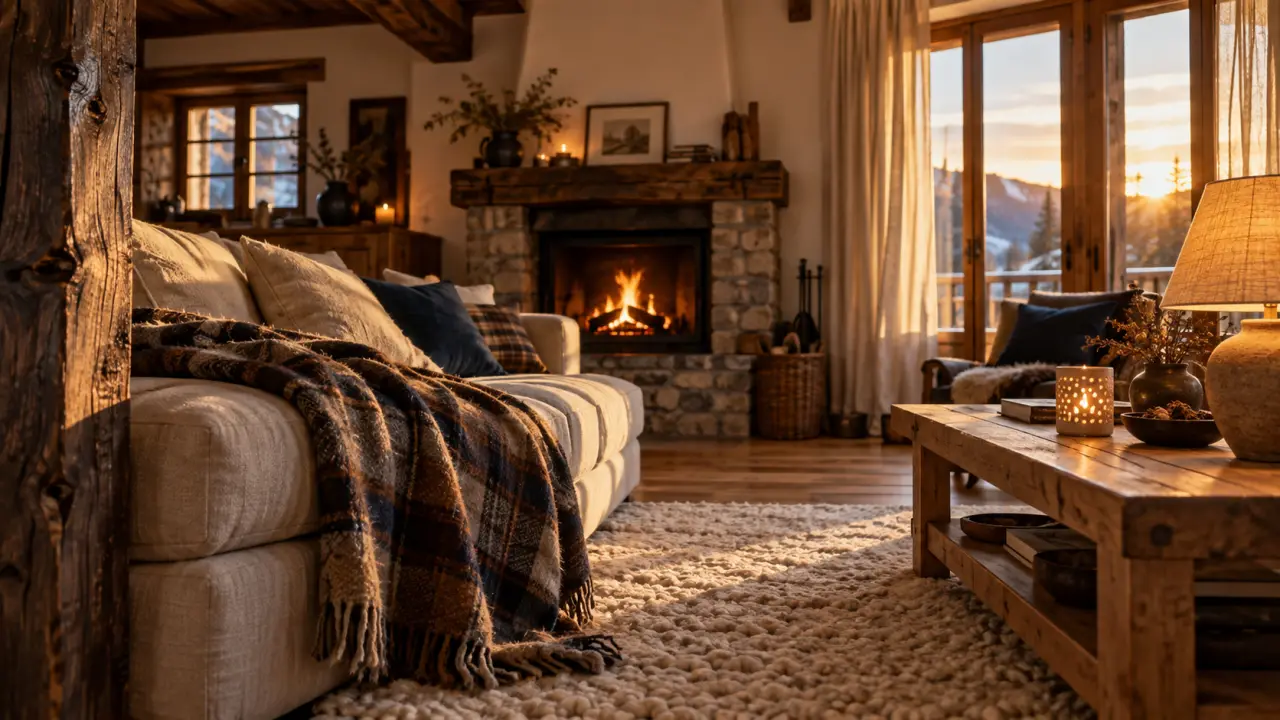 Décoration intérieur chalet bois : salon en bois, tapis laine et plaid flanelle