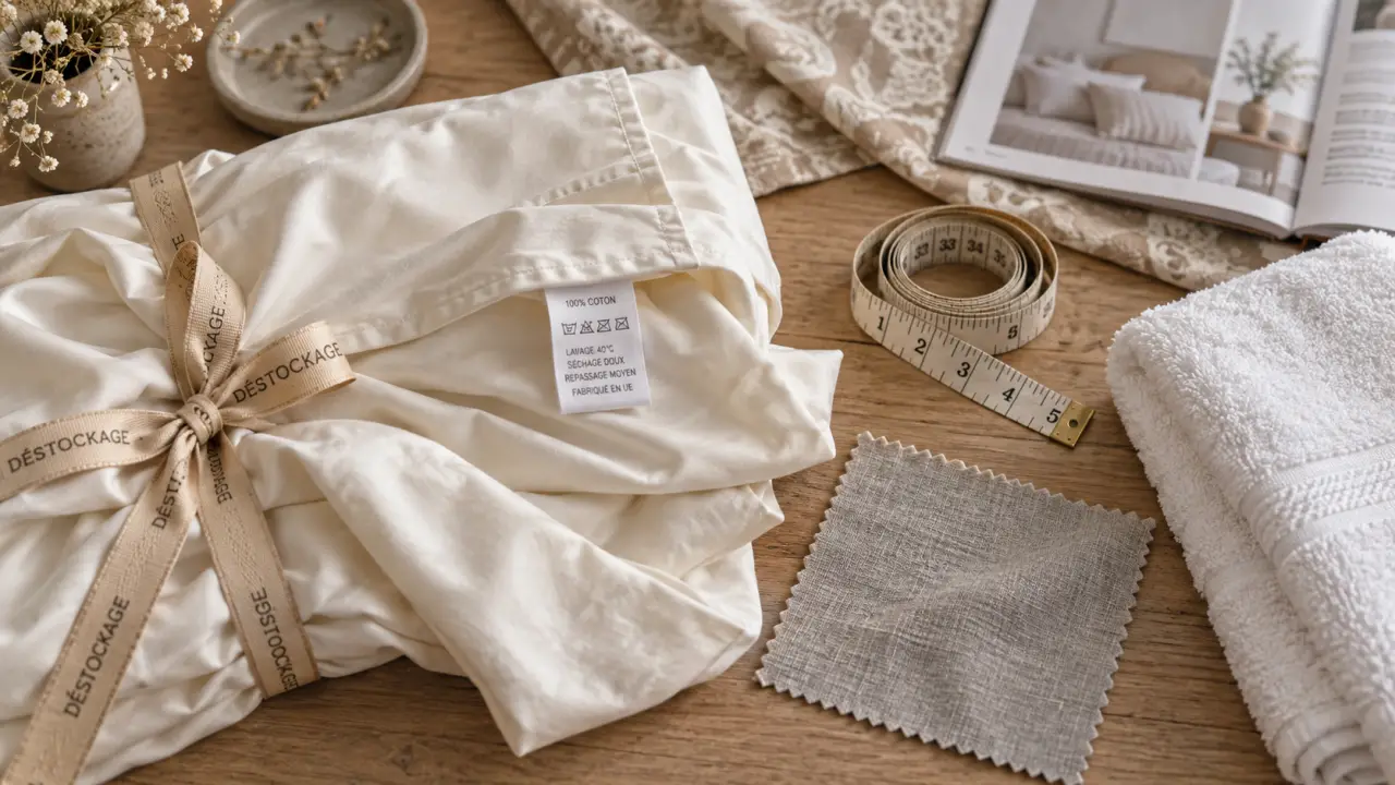 Déstockage linge de maison de luxe : linge en satin et étiquette
