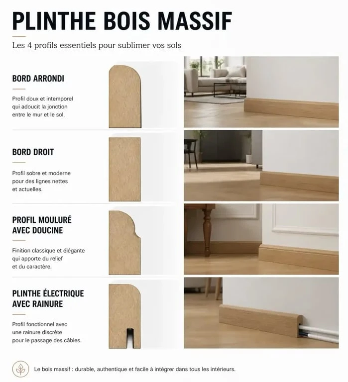 Plinthe bois massif : profils arrondi, droit, mouluré et électrique avec parquet