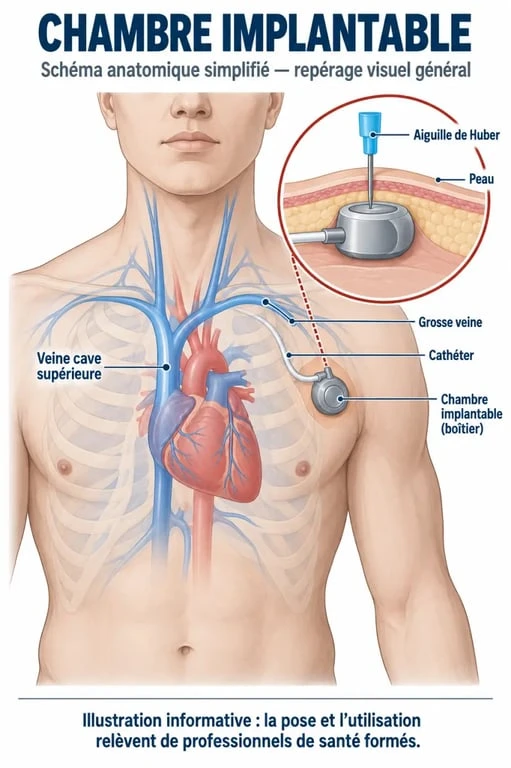 Schéma explicatif de la chambre implantable, aussi appelée chambre implantation, avec boîtier, cathéter et aiguille de Huber