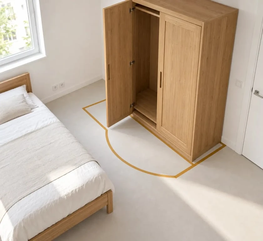 Armoire bois massif installée dans une petite chambre avec vérification de l'espace disponible
