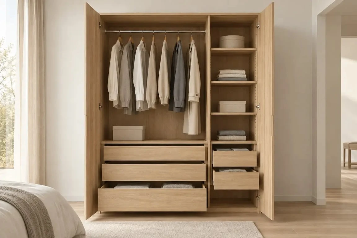 Armoire bois massif ouverte avec penderie, étagères et tiroirs dans une chambre