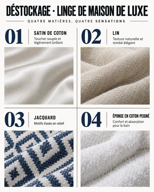 Déstockage linge de maison de luxe : comparaison des matières satin de coton, lin, jacquard et éponge en coton peigné