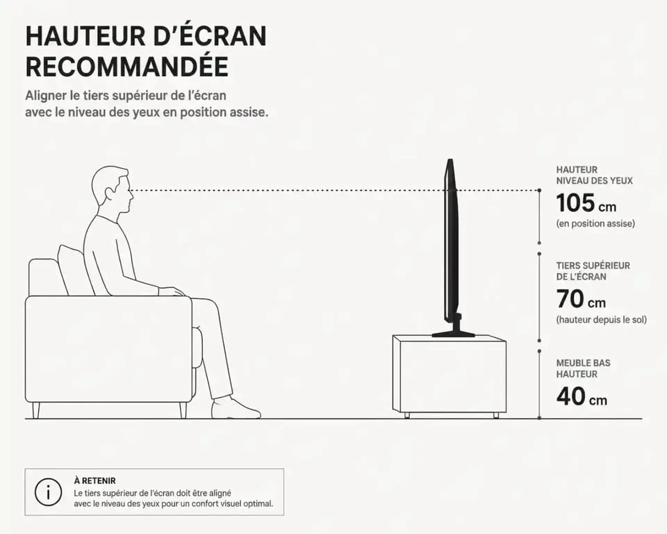 Schéma de la hauteur meuble TV idéale selon le niveau des yeux en position assise