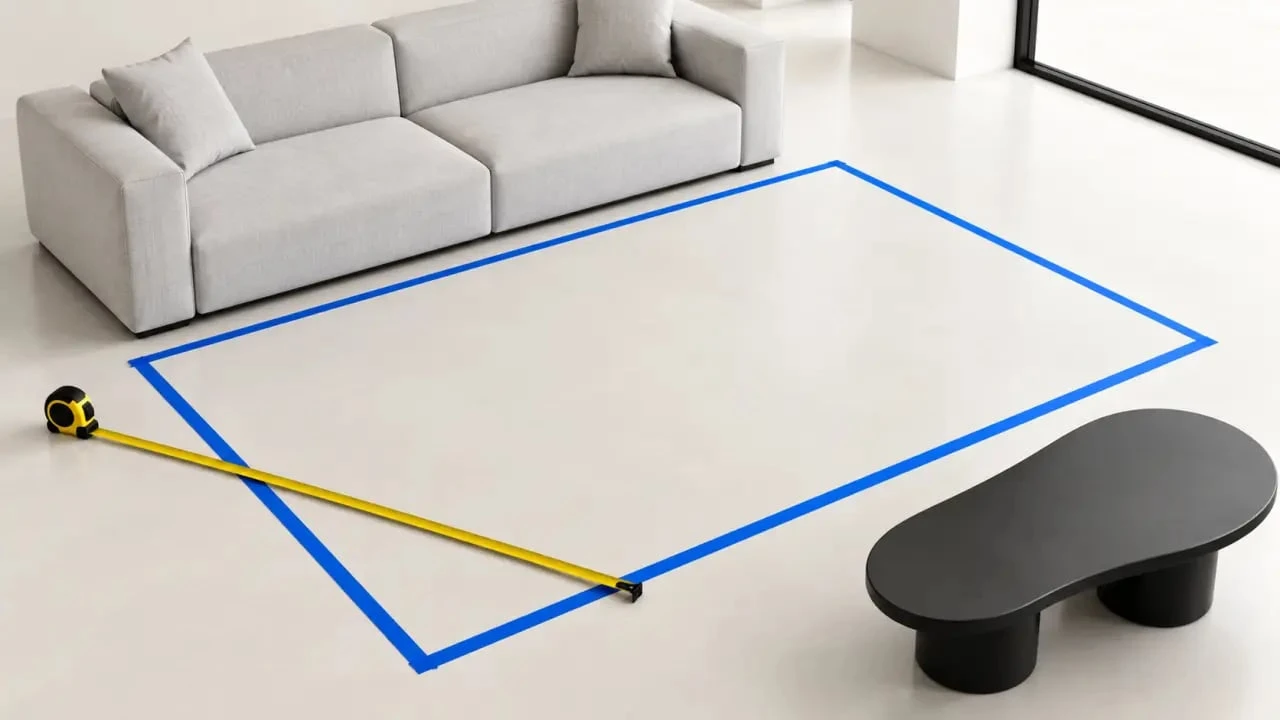 Mesurer et positionner un tapis coloré dans un salon avant l’achat