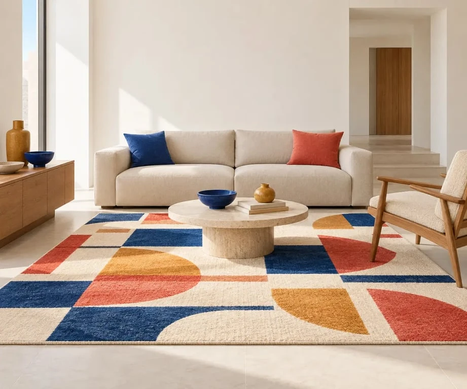 Tapis coloré multicolore dans un salon avec rappels de couleurs dans la décoration