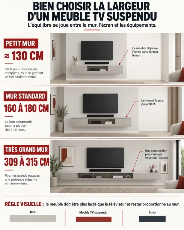 Infographie sur les largeurs d’un meuble suspendu TV selon la taille du mur