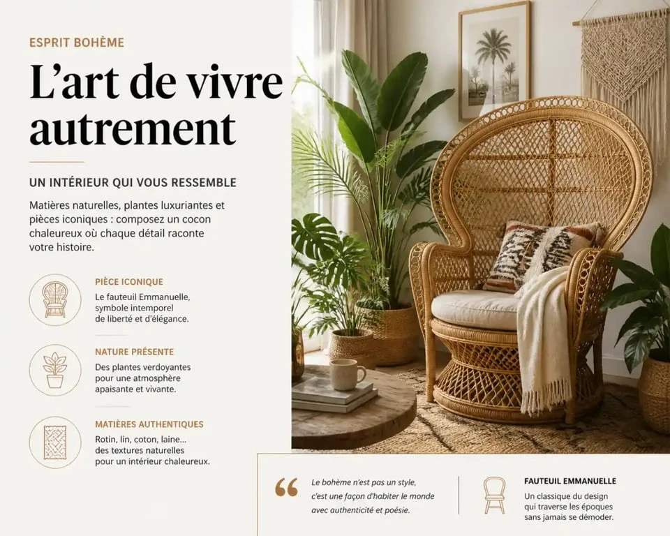Intégration d'un fauteuil Emmanuelle en rotin dans un salon au style bohème.