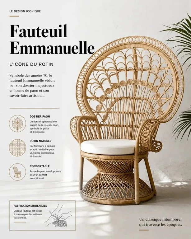 Fauteuil Emmanuelle en rotin au design iconique avec dossier en forme de paon.