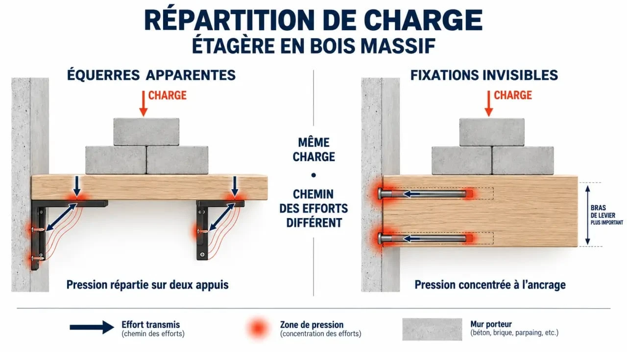 Schéma de répartition de charge pour étagère en bois massif