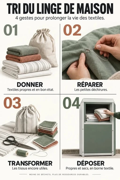 Recyclage linge de maison : tri entre don, réparation, transformation et collecte textile