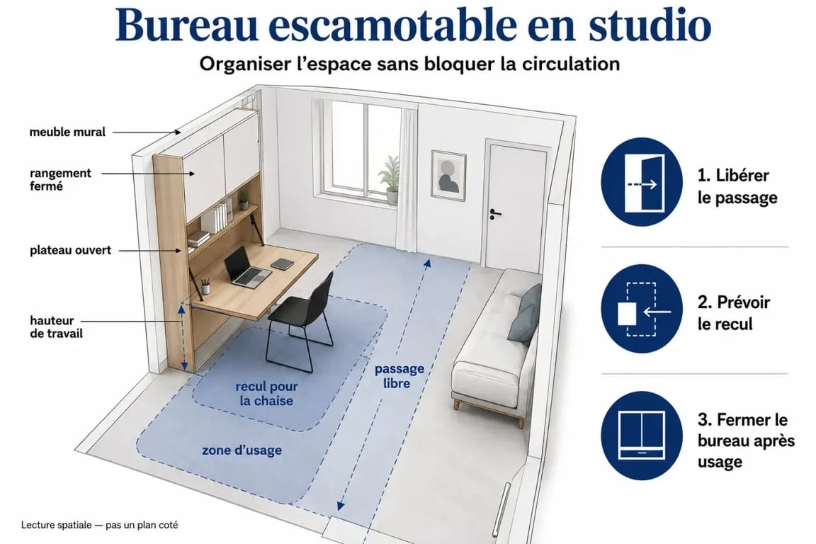 Installation d’un bureau escamotable dans un petit studio avec recul de chaise et circulation