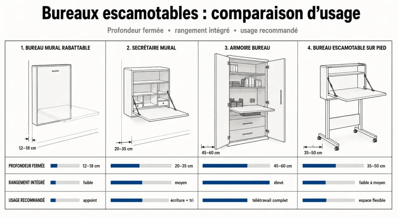 Comparatif bureau escamotable mural, secrétaire et armoire bureau avec dimensions et usages