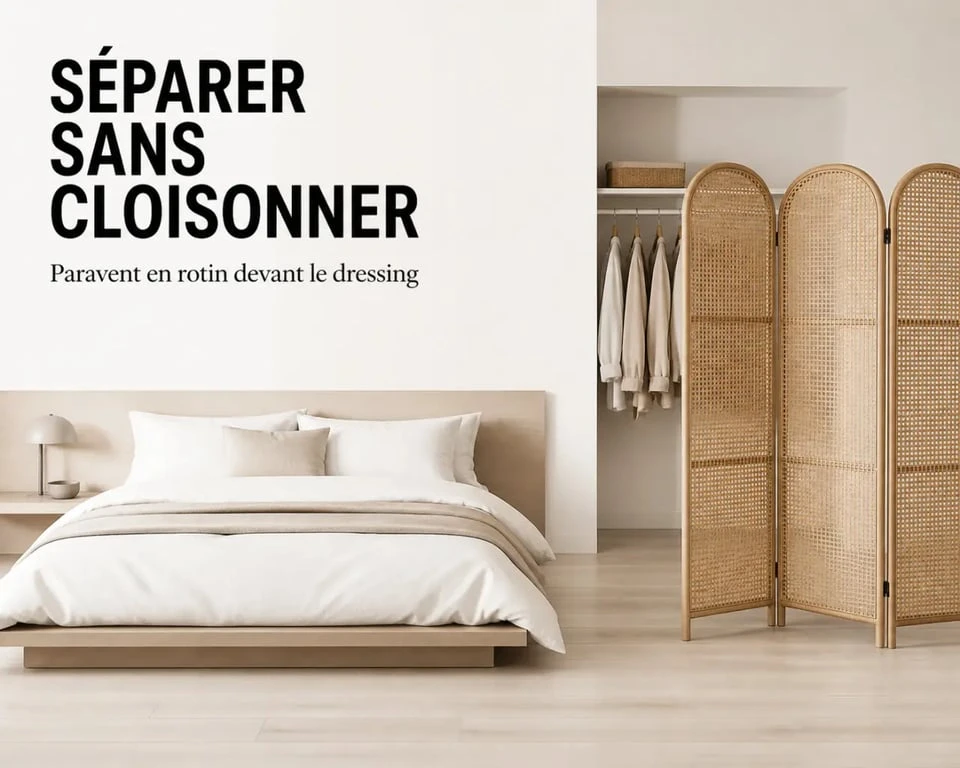 Paravent décoration intérieure en rotin tressé dans une chambre avec dressing