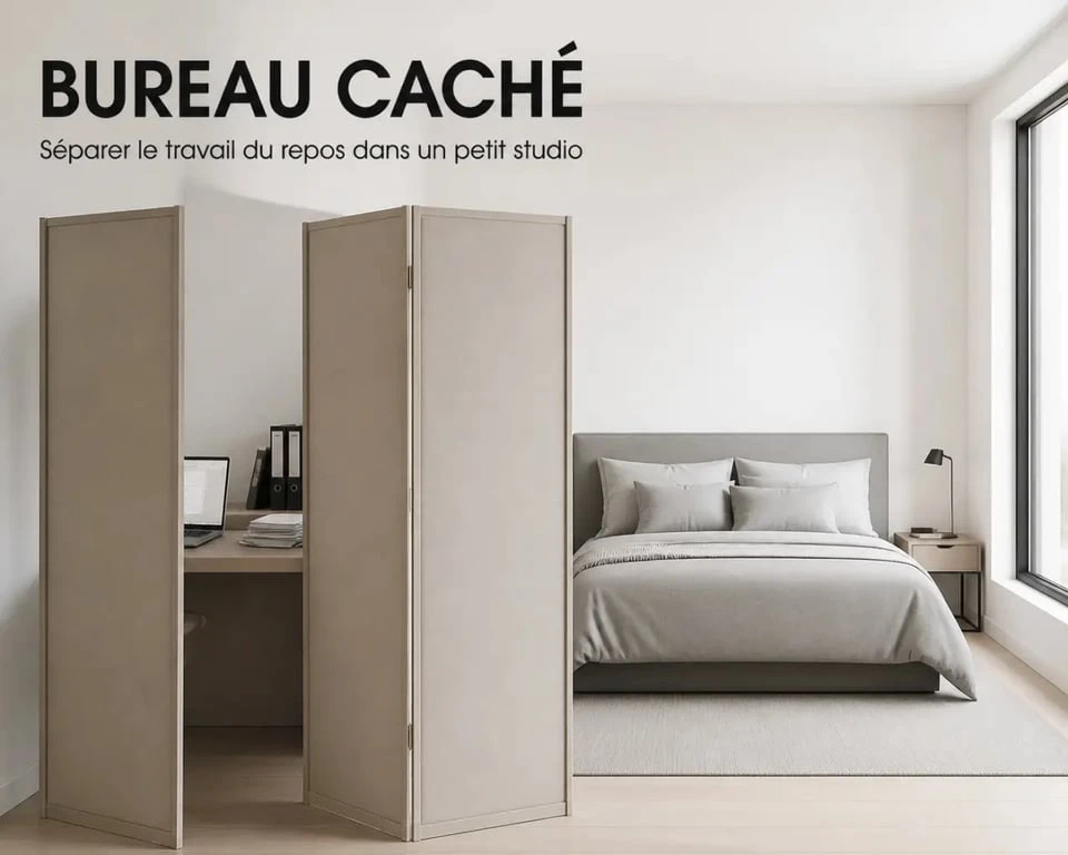 Paravent décoration intérieure en tissu beige pour séparer un bureau dans un studio