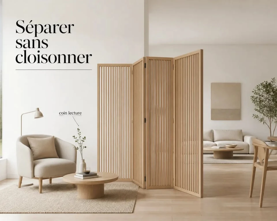 Paravent décoration intérieure dans un salon contemporain séparant un coin lecture