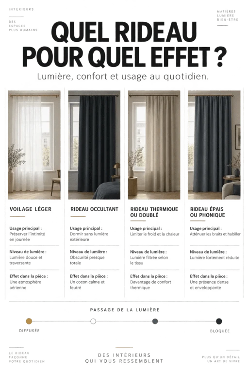 Linge de maison rideau : comparaison visuelle des types de rideaux selon la lumière et l'usage