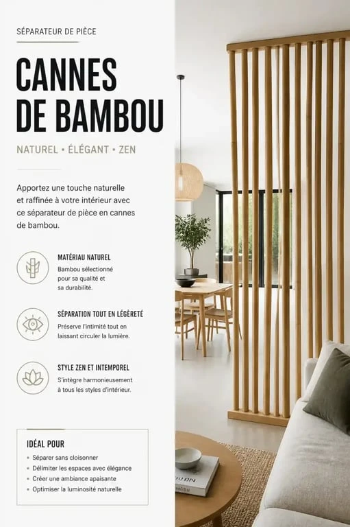Séparateur de pièce en cannes de bambou pour une décoration bambou intérieur zen