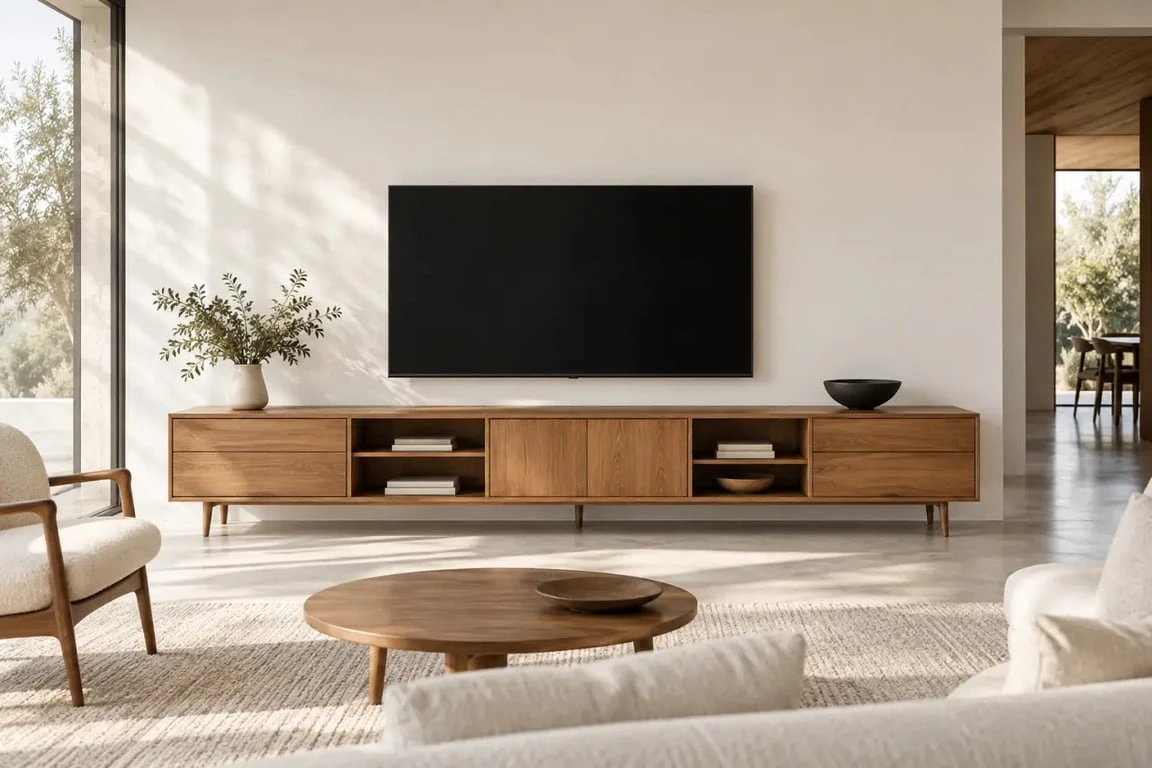 Meuble tv chene long dans un grand salon avec rangements et style enfilade