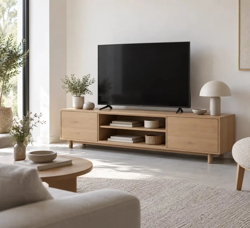 Meuble tv chene compact dans un petit salon avec rangements et câbles dissimulés