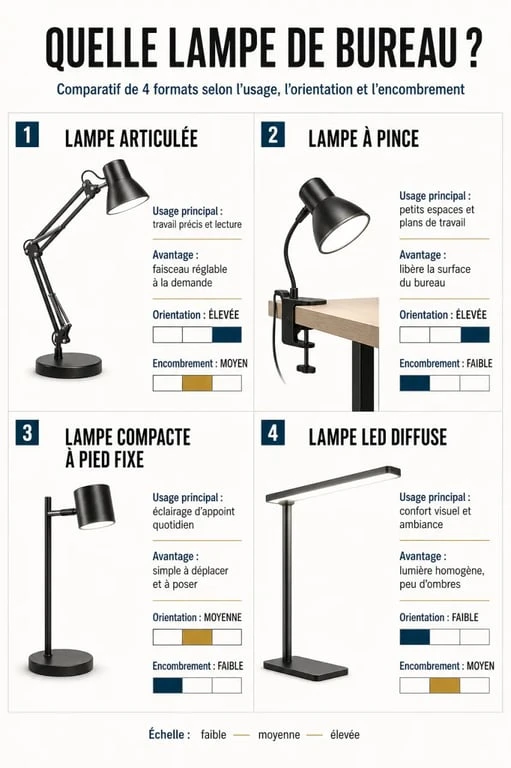 Infographie des différents formats de lampe a bureau et de leurs usages