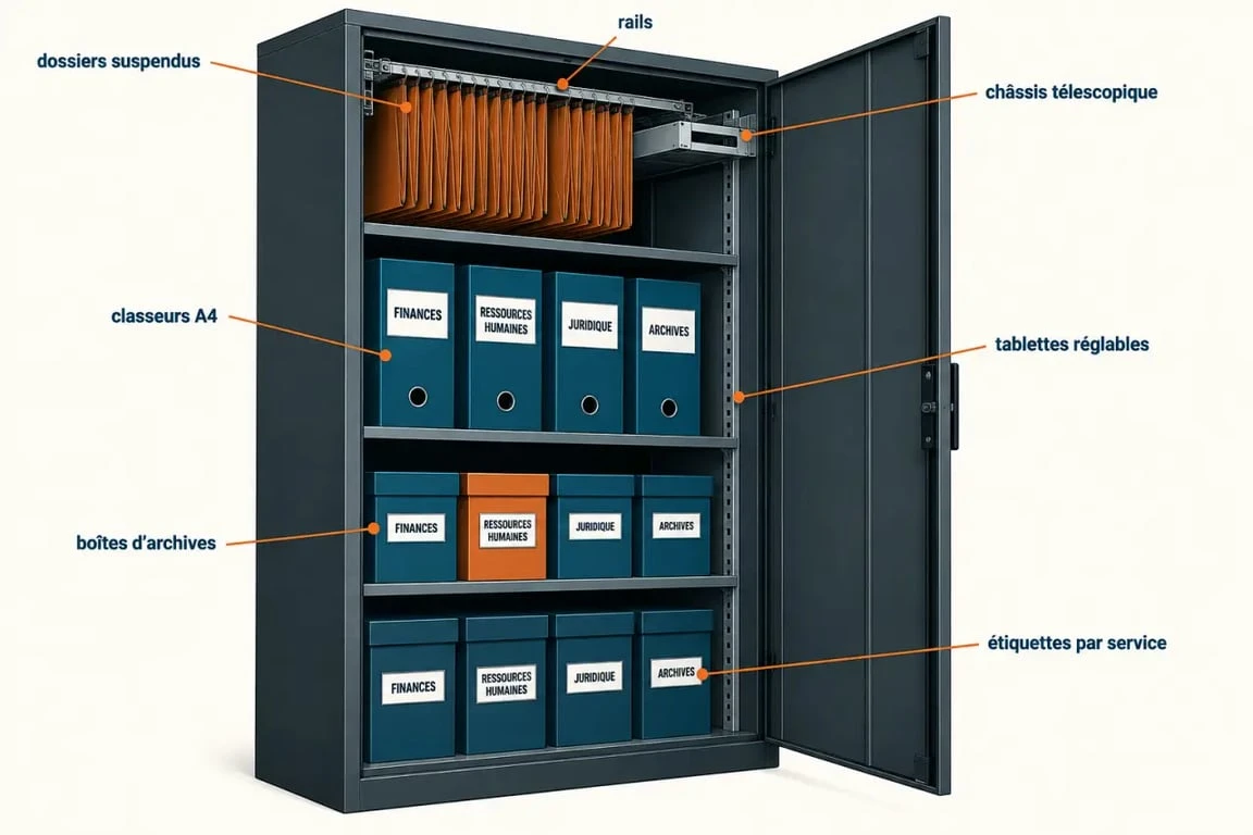 Organisation intérieure d’une armoire de bureau avec dossiers suspendus et tablettes réglables