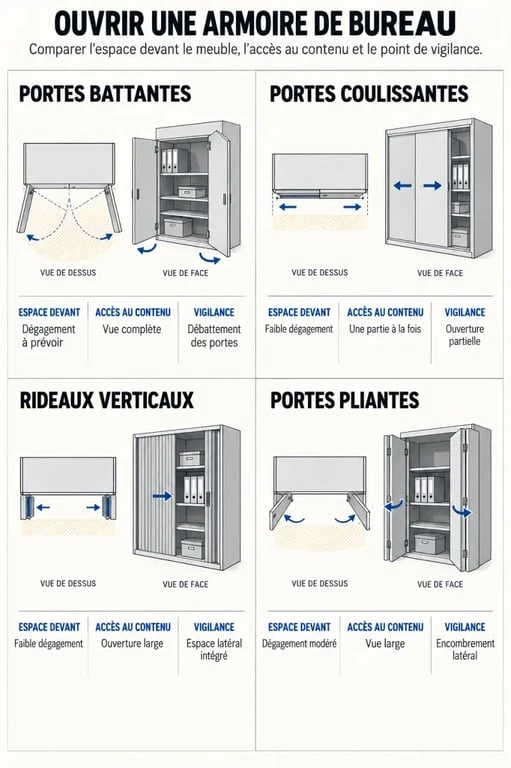 Infographie des systèmes d’ouverture d’une armoire de bureau et de leur encombrement