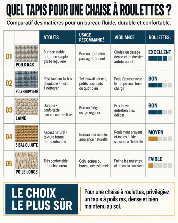 Infographie comparative des matières pour choisir un tapis de bureau