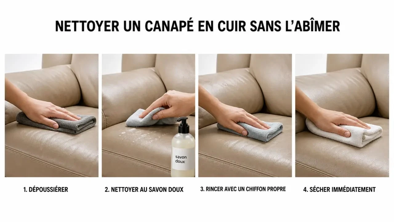 Nettoyer canapé cuir avec microfibre, chiffon doux et séchage immédiat sur un canapé en cuir beige