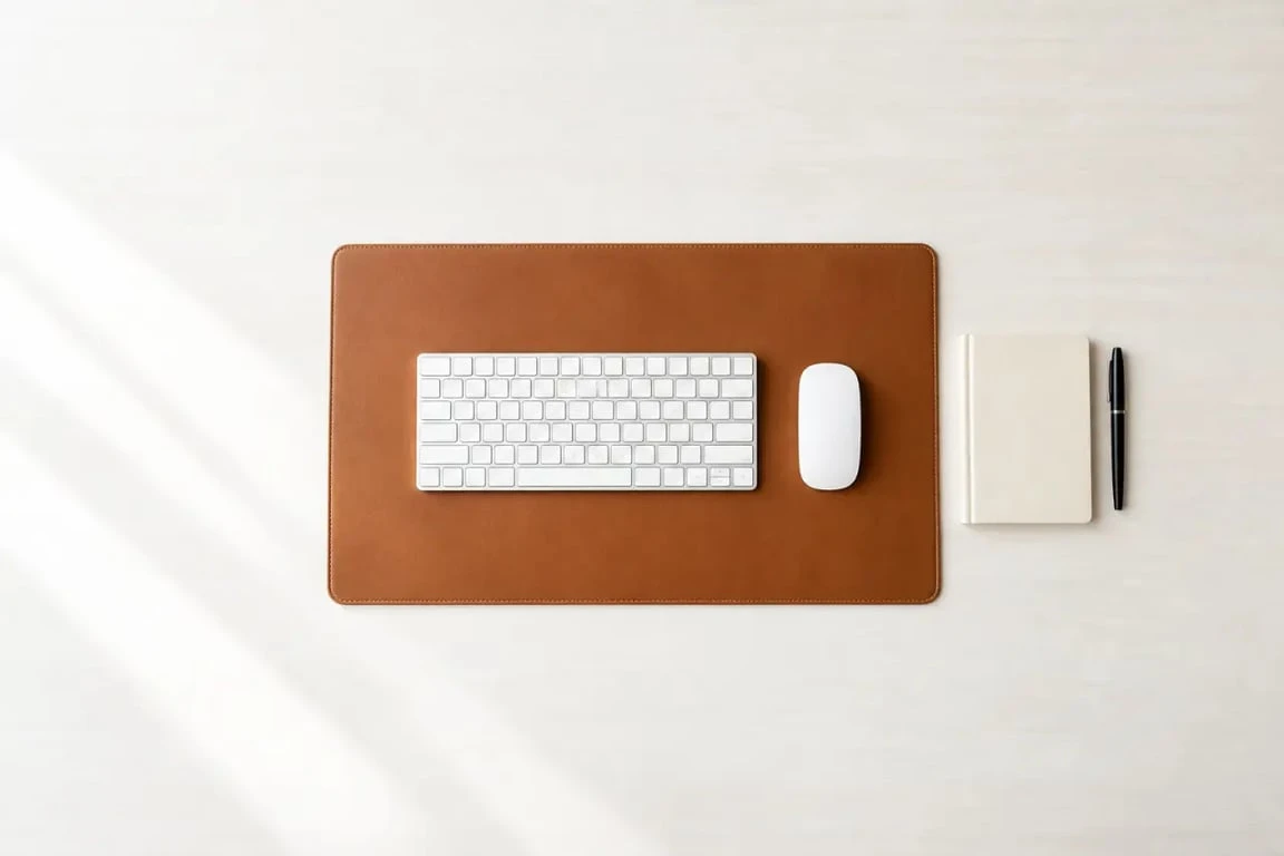 Bureau sous main en cuir avec clavier et souris sur un plateau en bois