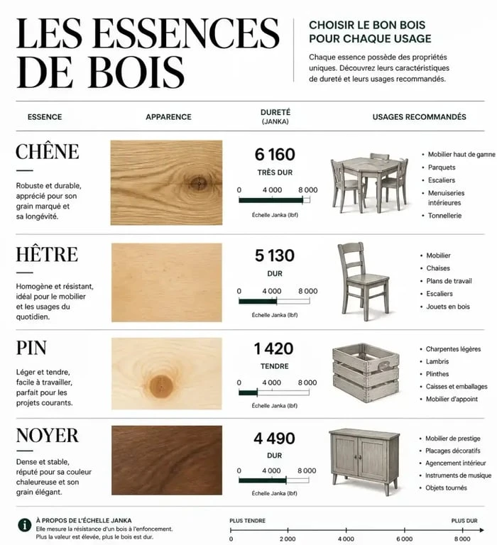 Infographie comparative des essences de bois pour une tablette bois massif