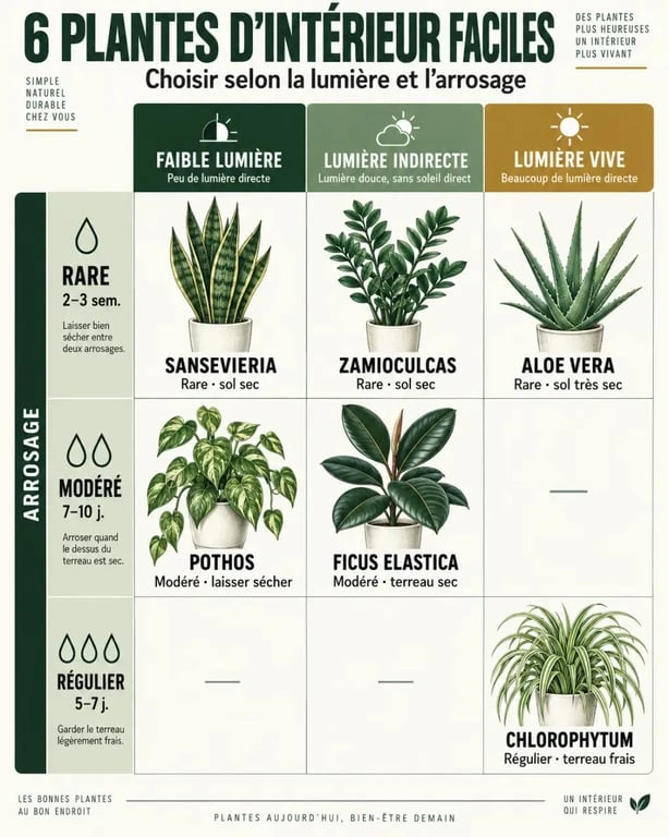 Infographie des plantes d’intérieur faciles selon la lumière et l’arrosage