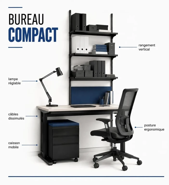Aménagement bureau professionnel petit espace avec rangement vertical, caisson mobile et lampe réglable