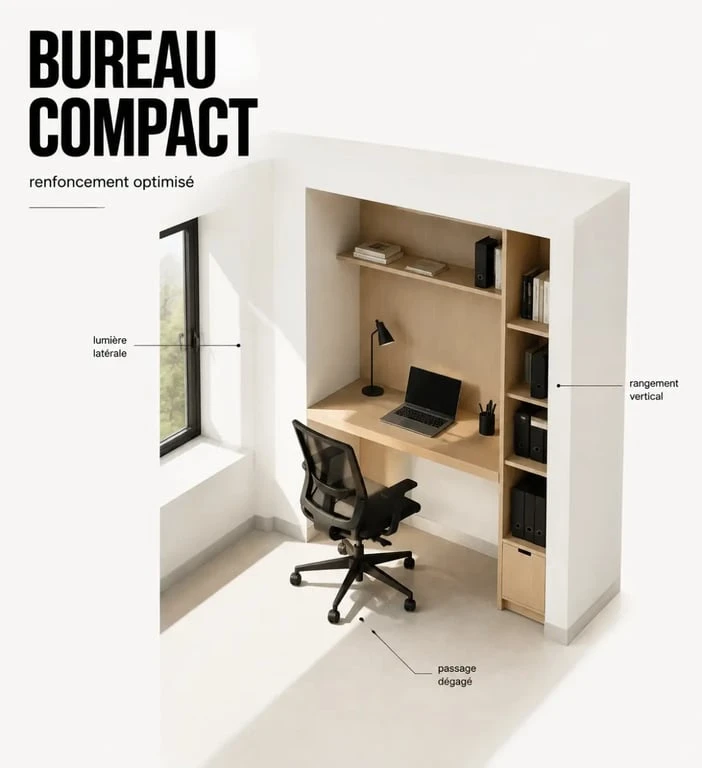 Aménagement bureau professionnel petit espace dans un renfoncement avec bureau compact, rangements verticaux et circulation dégagée