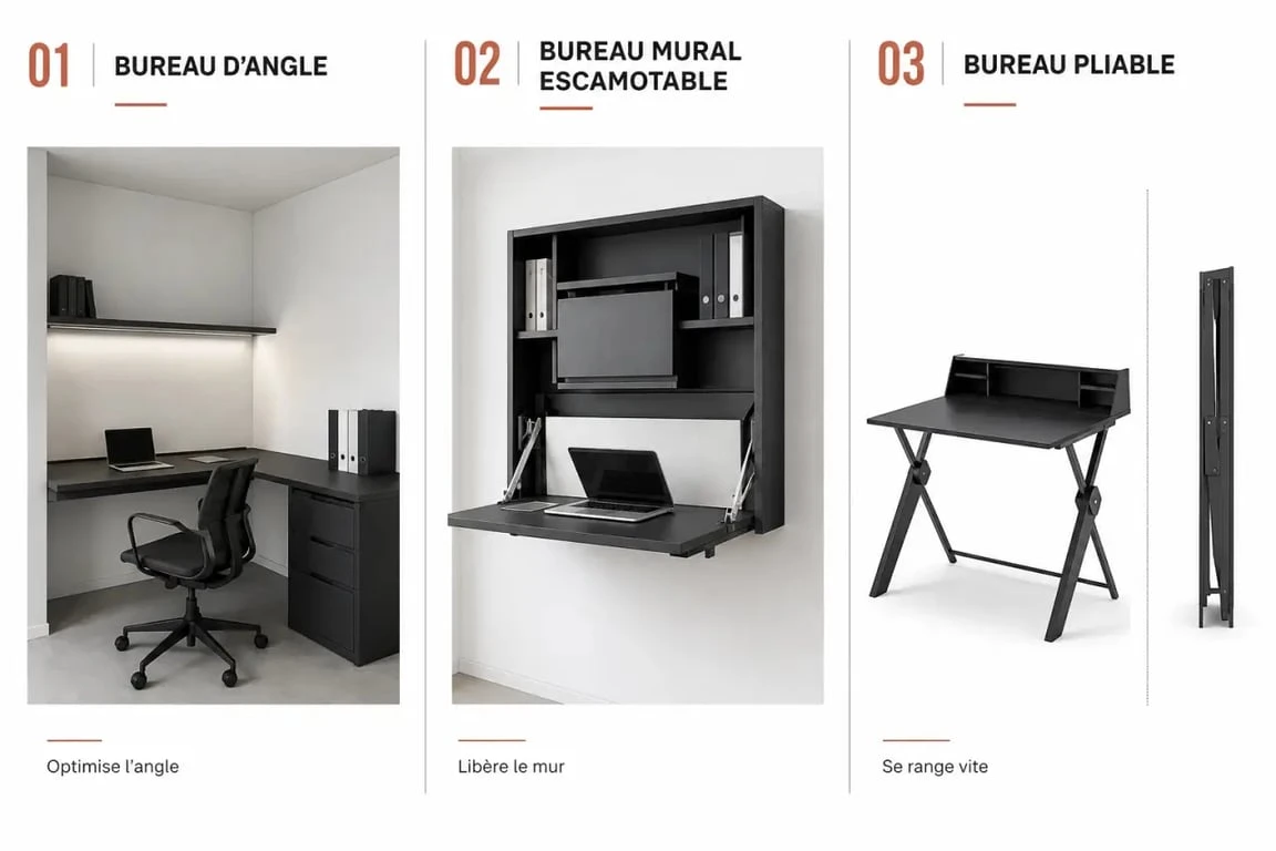 Aménagement bureau professionnel petit espace avec comparaison visuelle bureau d’angle, bureau mural escamotable et bureau pliable