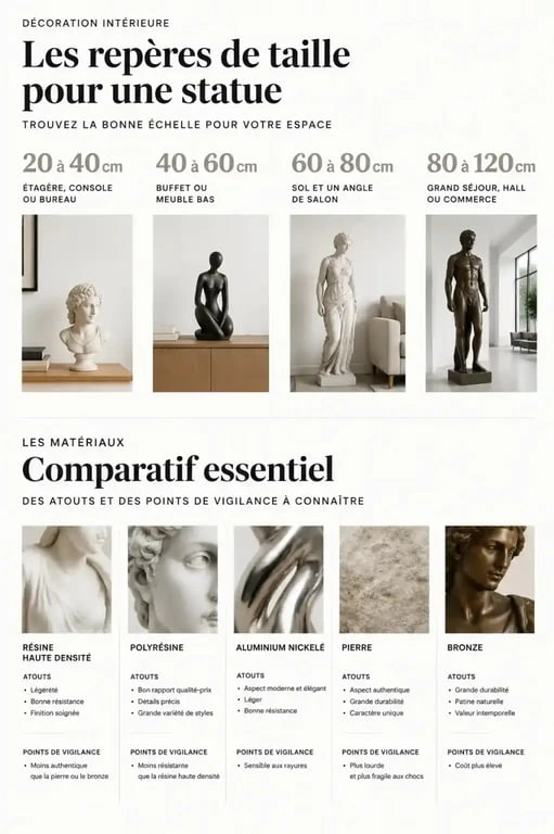 Infographie sur les tailles et matériaux d’une statue décoration intérieur