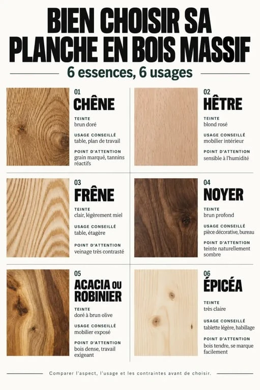 Infographie pour choisir une planche bois massif selon l’essence, l’usage et l’humidité