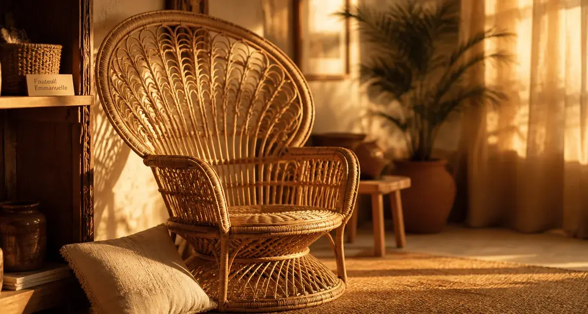 Fauteuil emmanuelle en rotin au style bohème, dossier éventail en rotin naturel