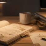 Lampe a bureau éclairant sans reflets : cahier et bureau de travail