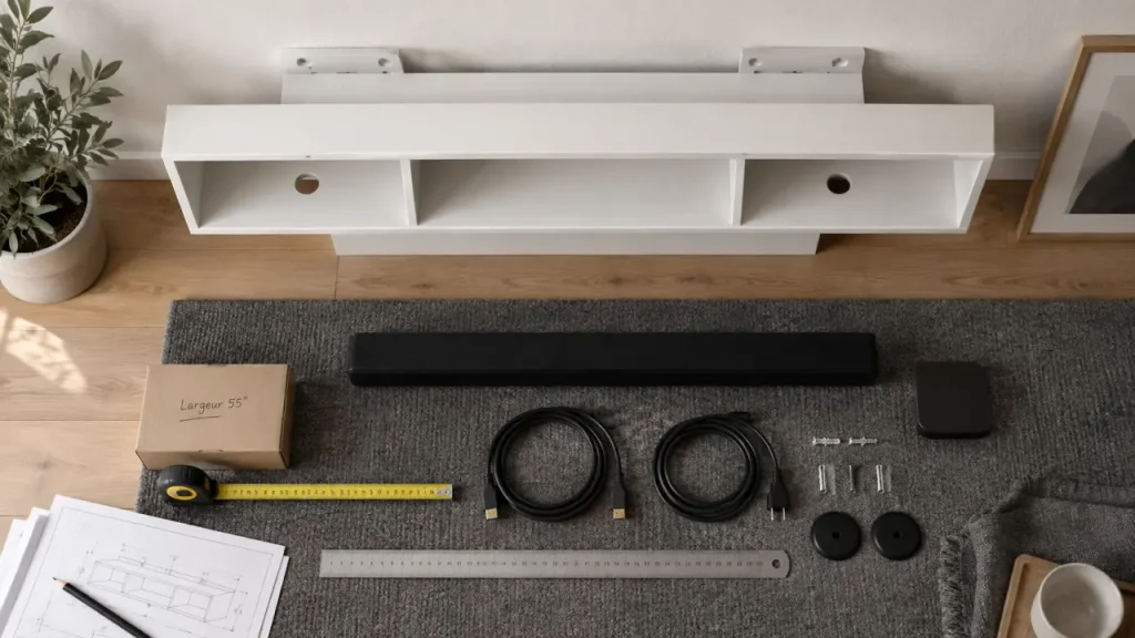 Meuble suspendu tv blanc mat pour 55 pouces, fixation et câbles visibles
