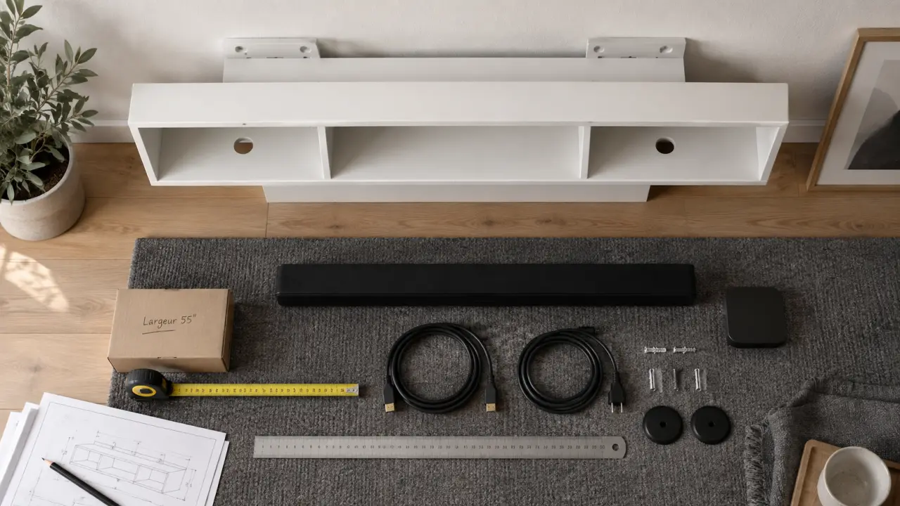 Meuble suspendu tv blanc mat pour 55 pouces, fixation et câbles visibles