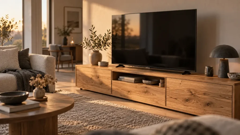 Meuble tv chêne massif dans un salon scandinave