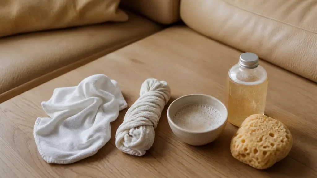 Nettoyer canapé cuir : chiffon microfibre et savon doux sur table