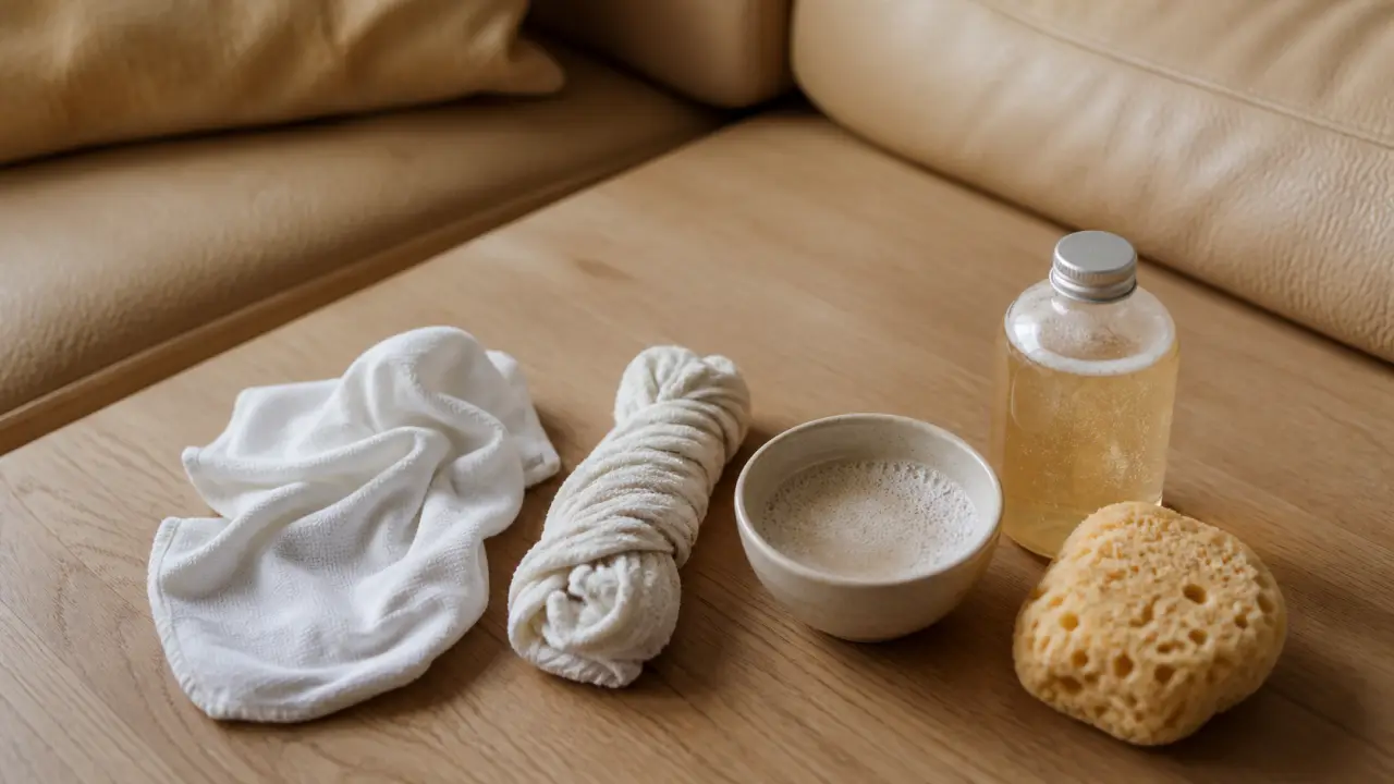 Nettoyer canapé cuir : chiffon microfibre et savon doux sur table