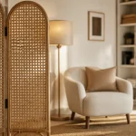Paravent décoration intérieure en rotin ajouré, salon contemporain