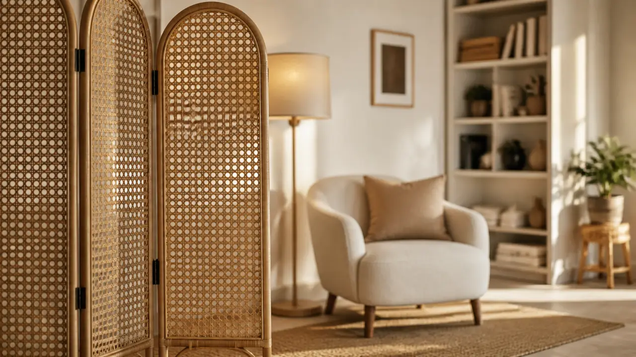 Paravent décoration intérieure en rotin ajouré, salon contemporain