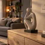 Statue décoration intérieur sur console en chêne clair, salon moderne
