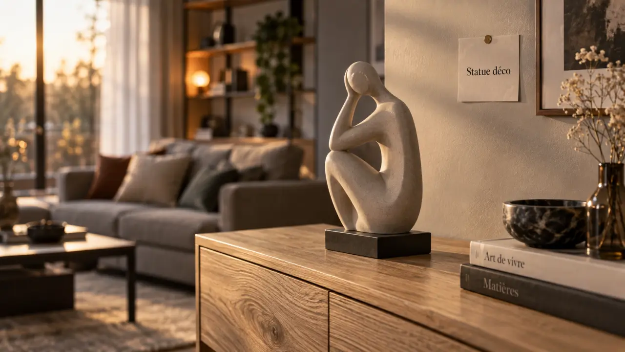 Statue décoration intérieur sur console en chêne clair, salon moderne