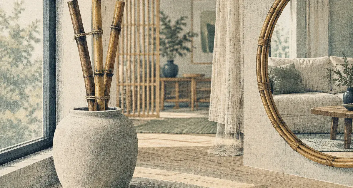 Bambou pour decoration intérieure dans un salon japandi lumineux près d’une fenêtre