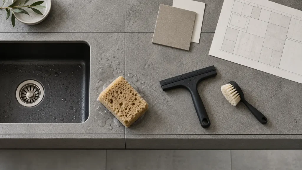 Carrelage pour plan de travail de cuisine moderne : moins de joints, plus de caractère